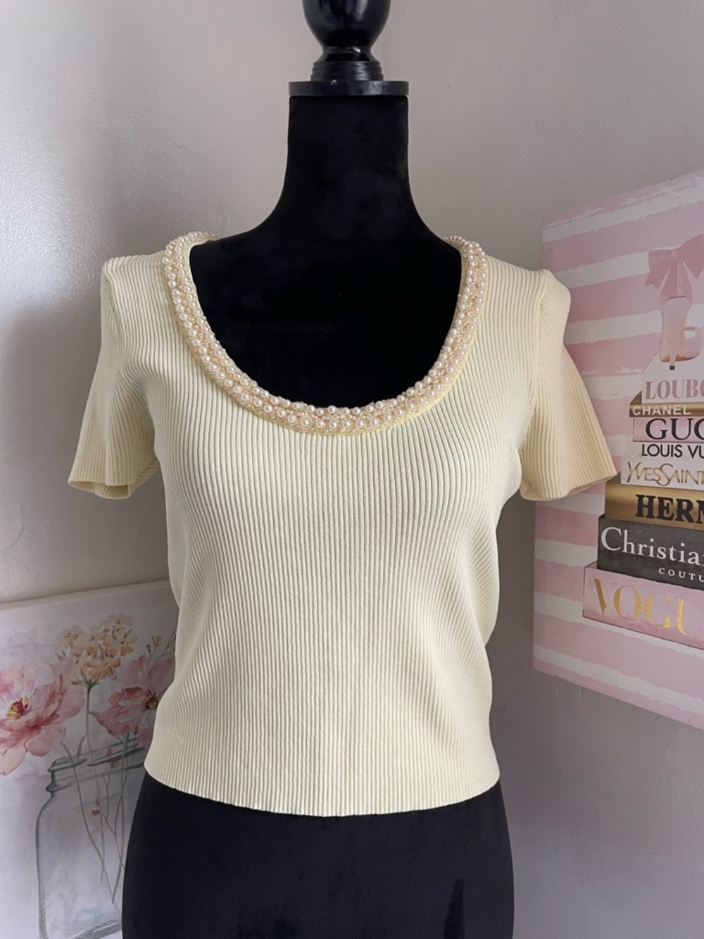 ZARA Yellow Pearl-Trim Scoop Neck Ribbed Top
